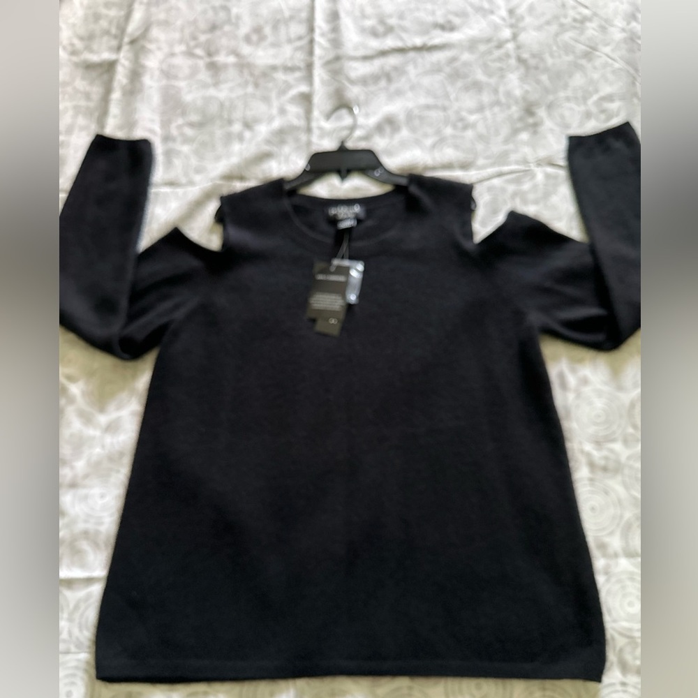 Peck&Peck Aqua Cashmere Women's Black Circle Arm Cutout Crewneck Cashmere.‎ Sz L